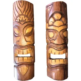 2 Wood Stained Hand Carved Tiki Masks 19 Inches