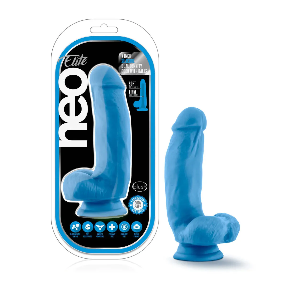 Blush Neo Elite 7in Silicone Dual Density Blue Cock