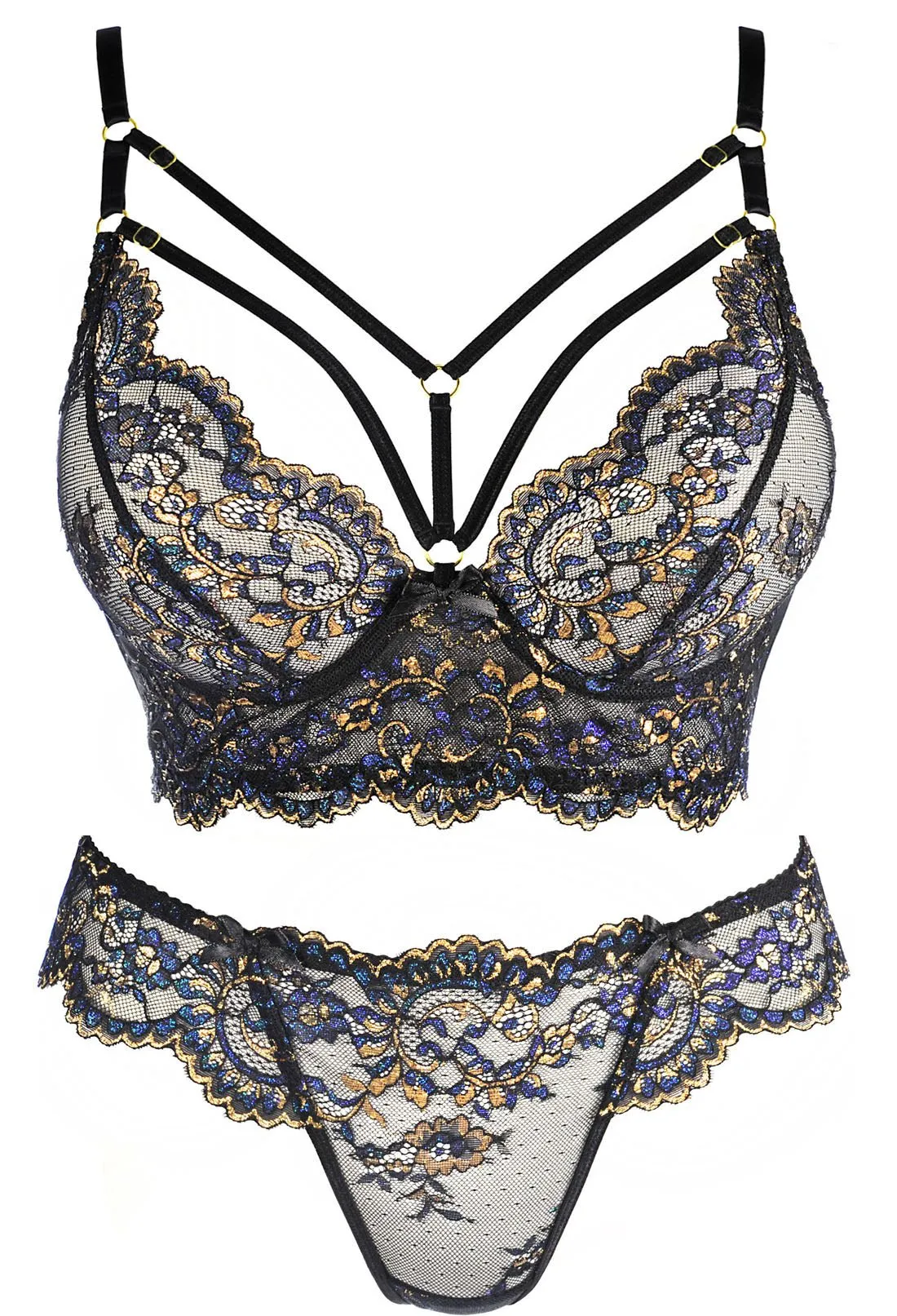 Delicate Navy, Black & Gold Lace Longline Bra Set