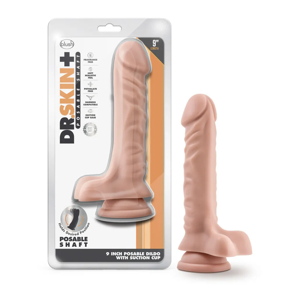 Dr. Skin Plus By Blush® | Realistic Vanilla 9-Inch Long Soft Yet Erect & Posable Dildo With Balls & Suction Cup Base
