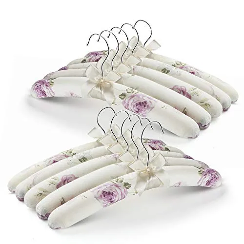 GLCON Anti Slip Satin Padded Clothes Hangers for Women Foam Sweater Hangers - Fancy Thick Padded Coat Hanger No Bump Floral Canvas Cover for Adult, Bridesmaid, Wedding Gown Closet (Pack of 10)