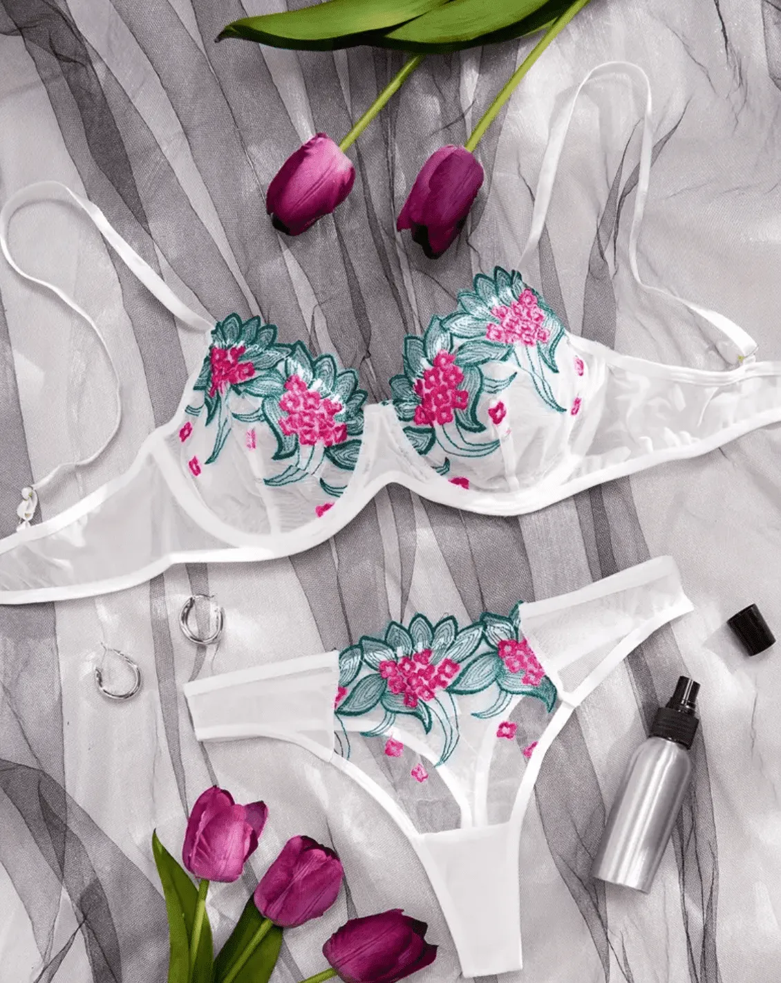 Green Lingerie Set Floral Mesh