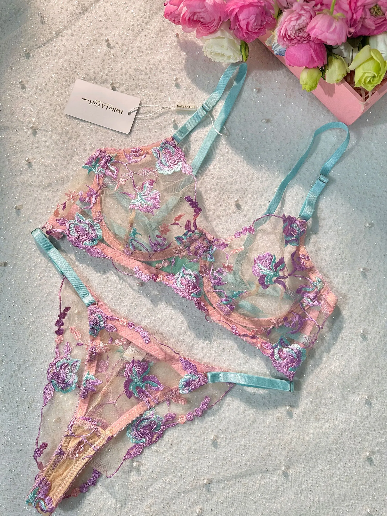 Pastel Petal Mesh Lingerie Set