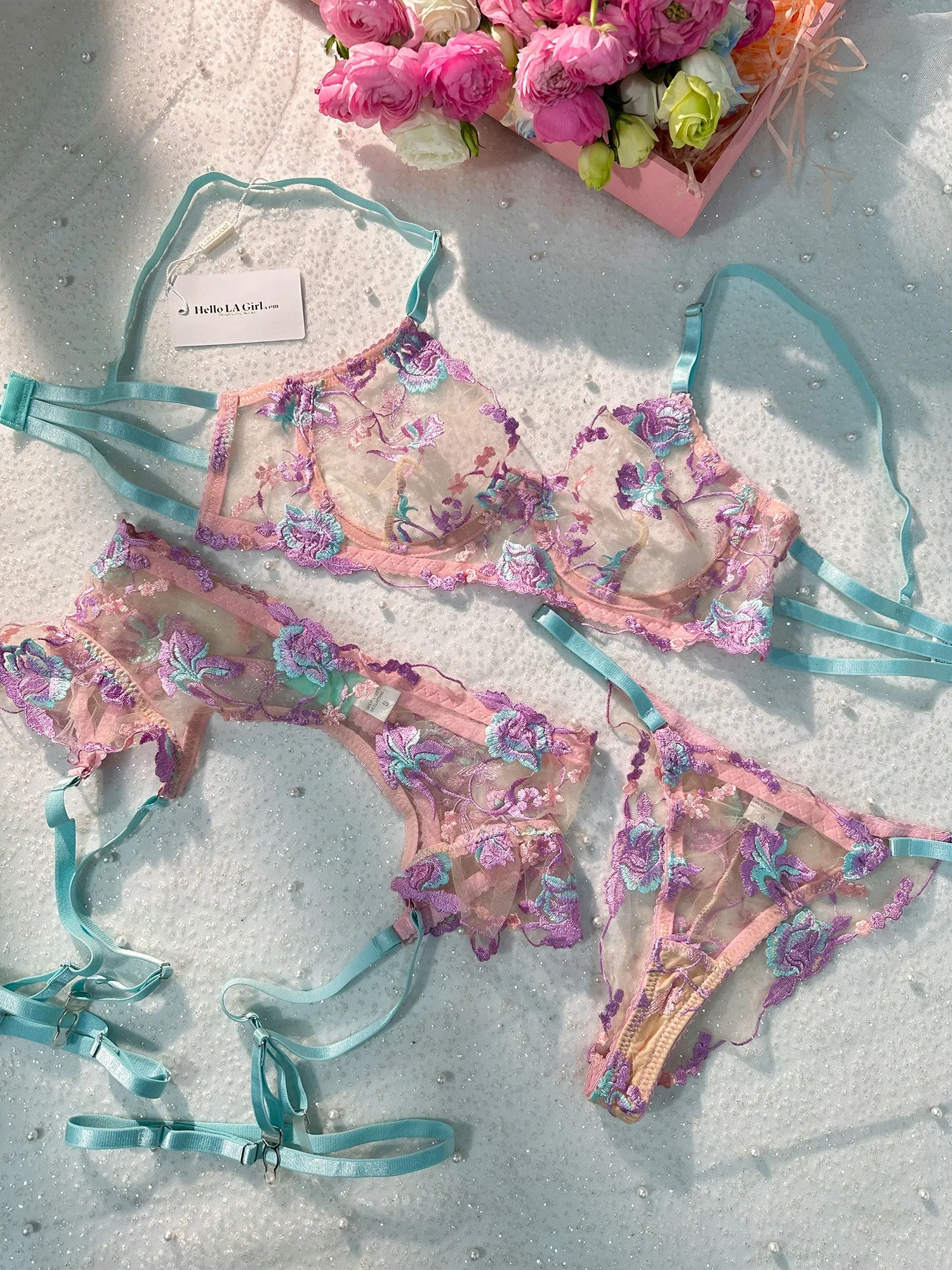 Pastel Petal Mesh Lingerie Set