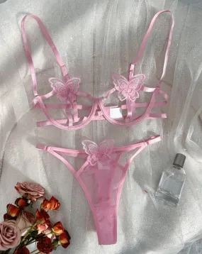 Pink Butterfly Embroidered Lingerie Set