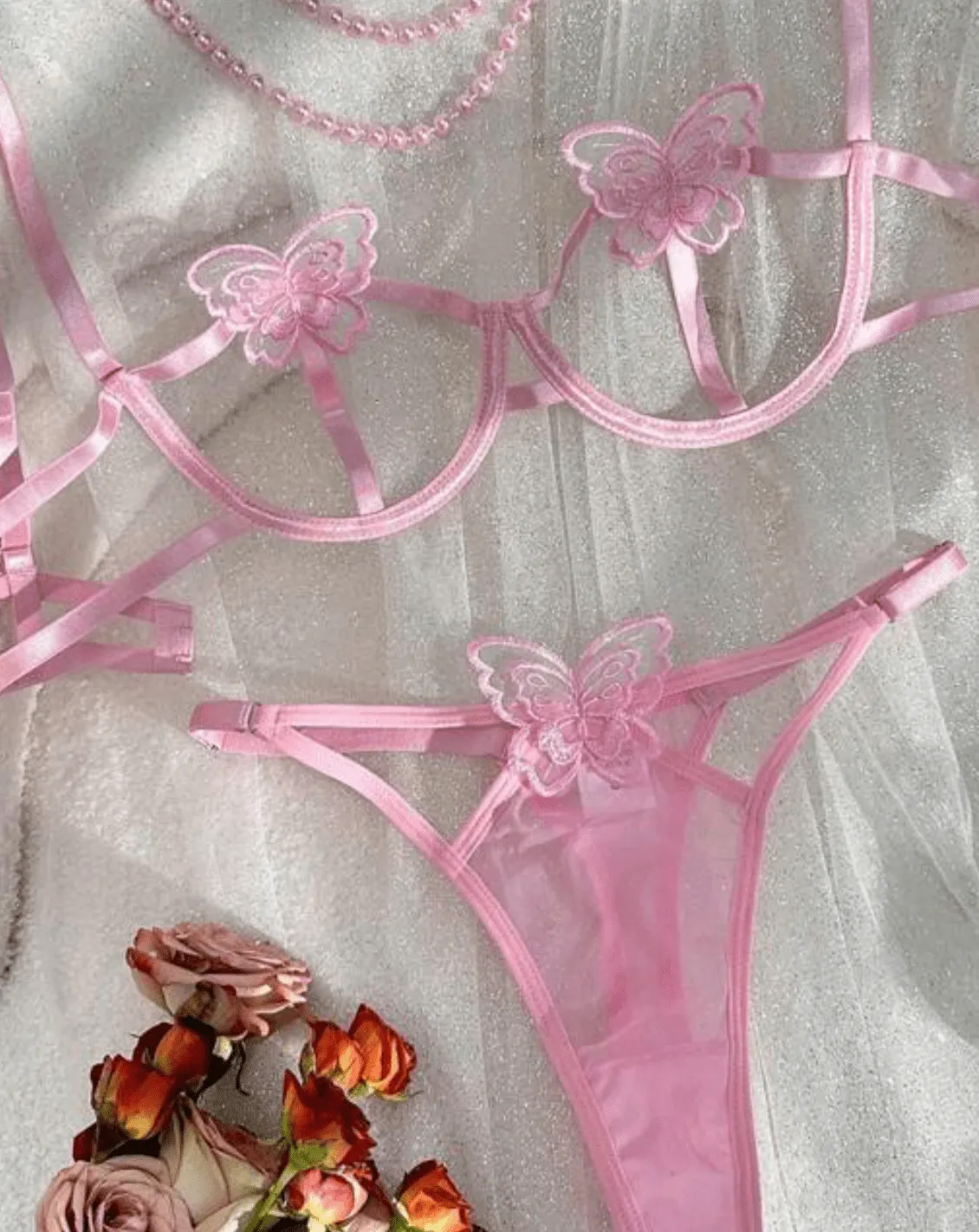 Pink Butterfly Embroidered Lingerie Set