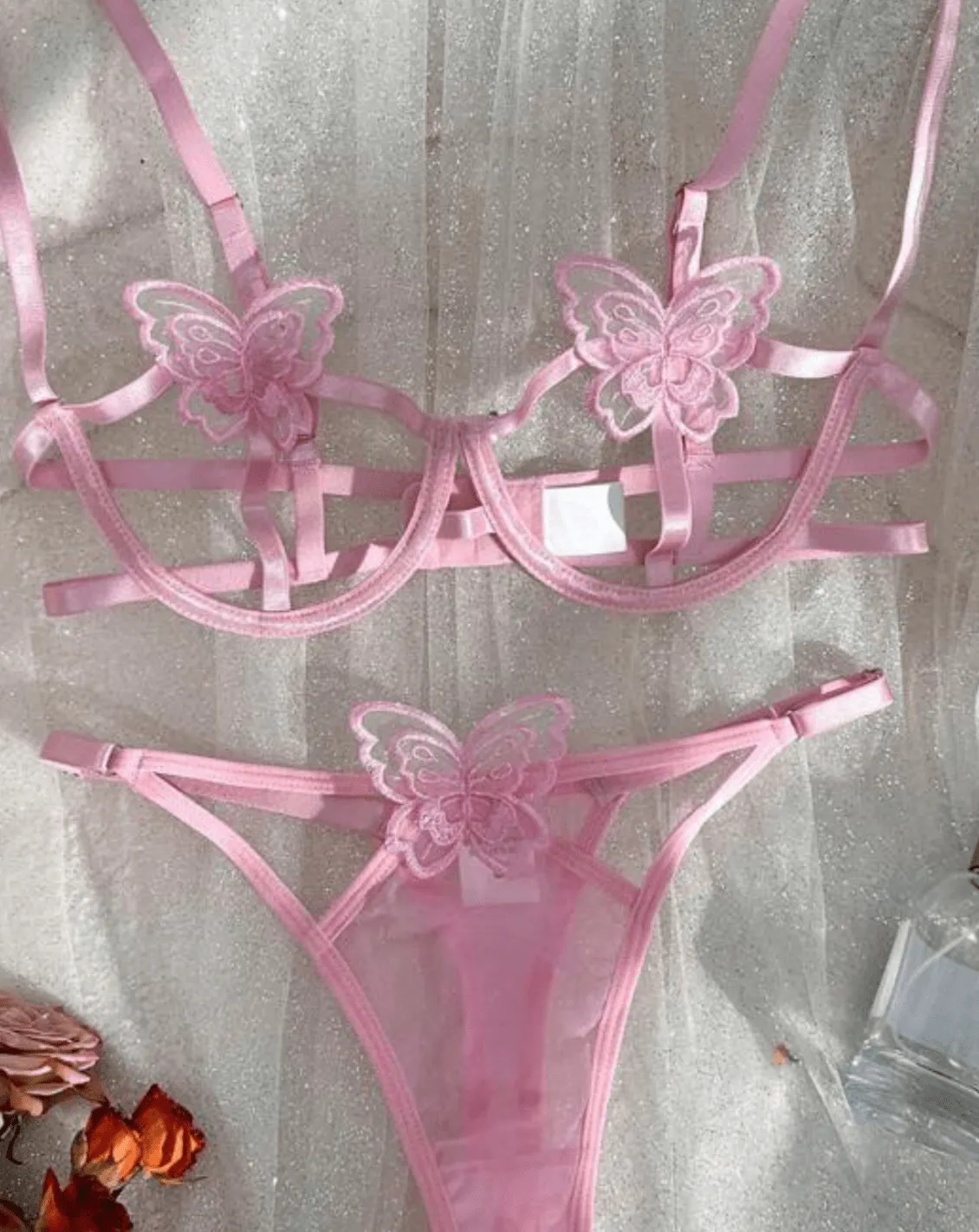 Pink Butterfly Embroidered Lingerie Set