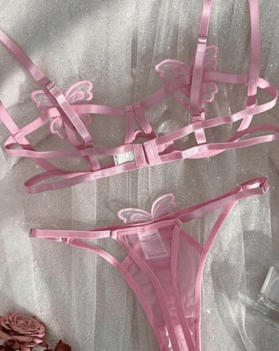 Pink Butterfly Embroidered Lingerie Set