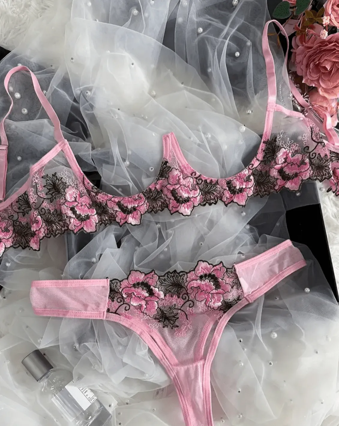 Pink Lingerie Set Open Cup Bralette