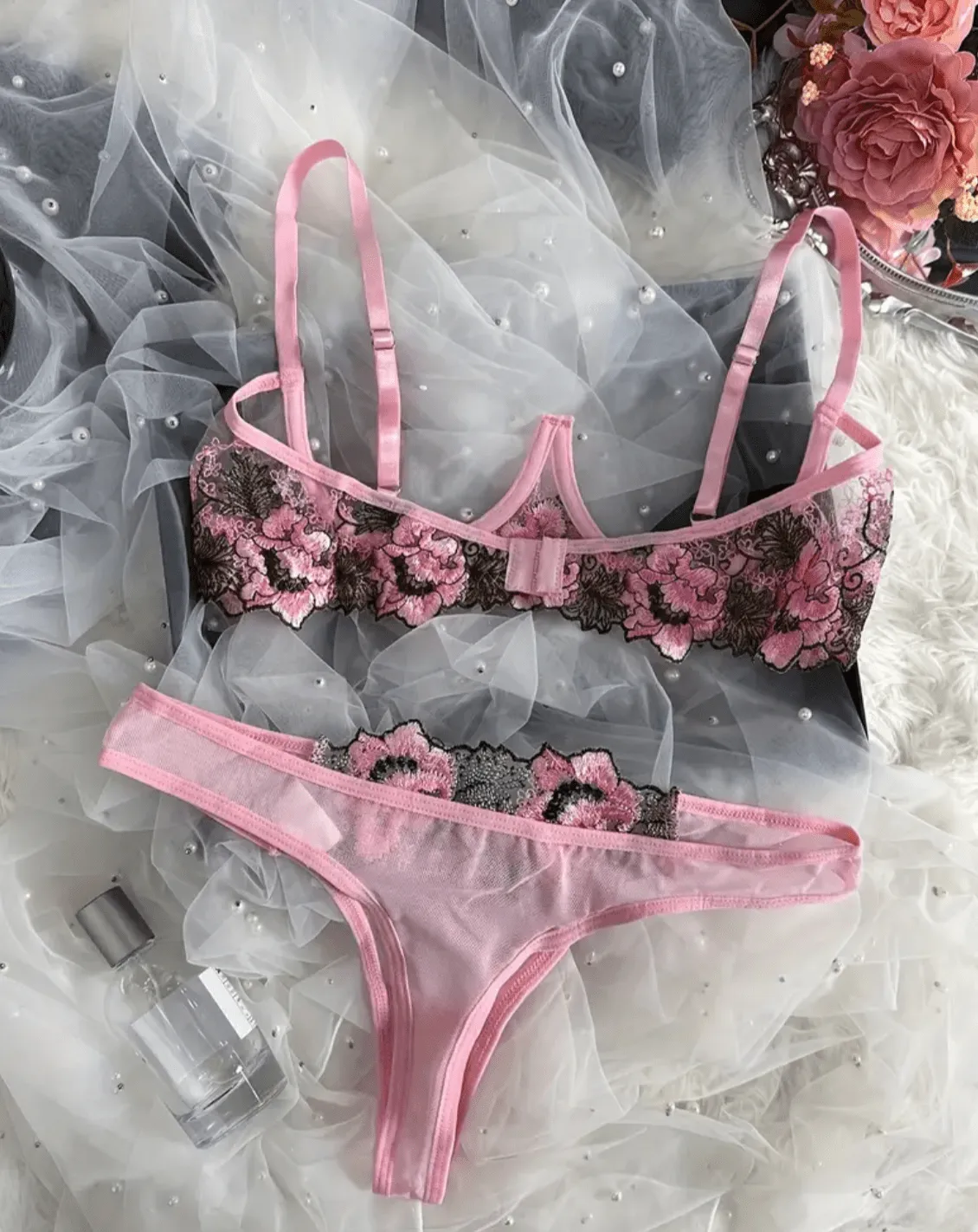 Pink Lingerie Set Open Cup Bralette