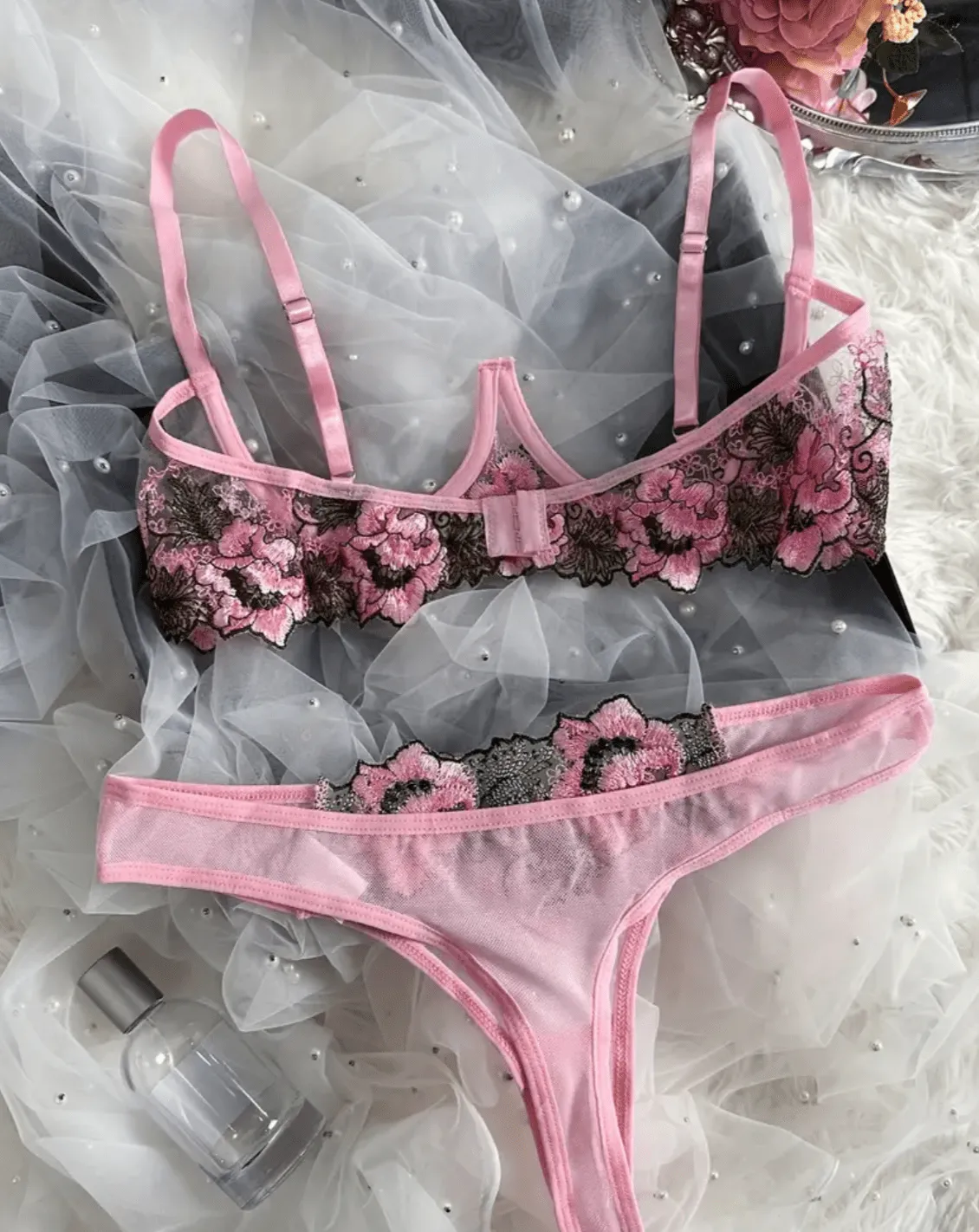 Pink Lingerie Set Open Cup Bralette