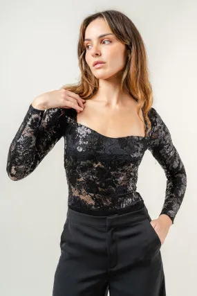 Rylie Black Sequin Lace Long Sleeve Bodysuit