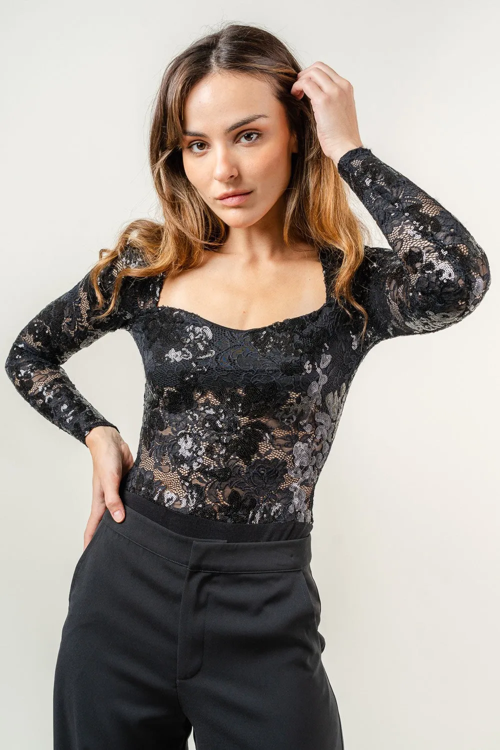 Rylie Black Sequin Lace Long Sleeve Bodysuit