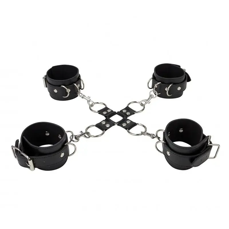 Shots Black Leather Hand and Leg Cuffs with Adjustable Buckles