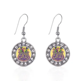 Silver Mardi Gras Masks Circle Charm Dangle Earrings