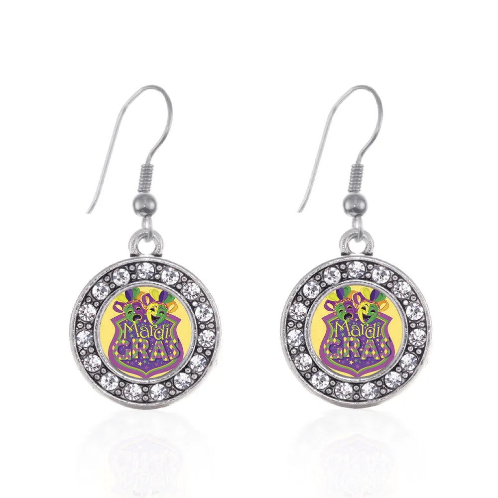 Silver Mardi Gras Masks Circle Charm Dangle Earrings