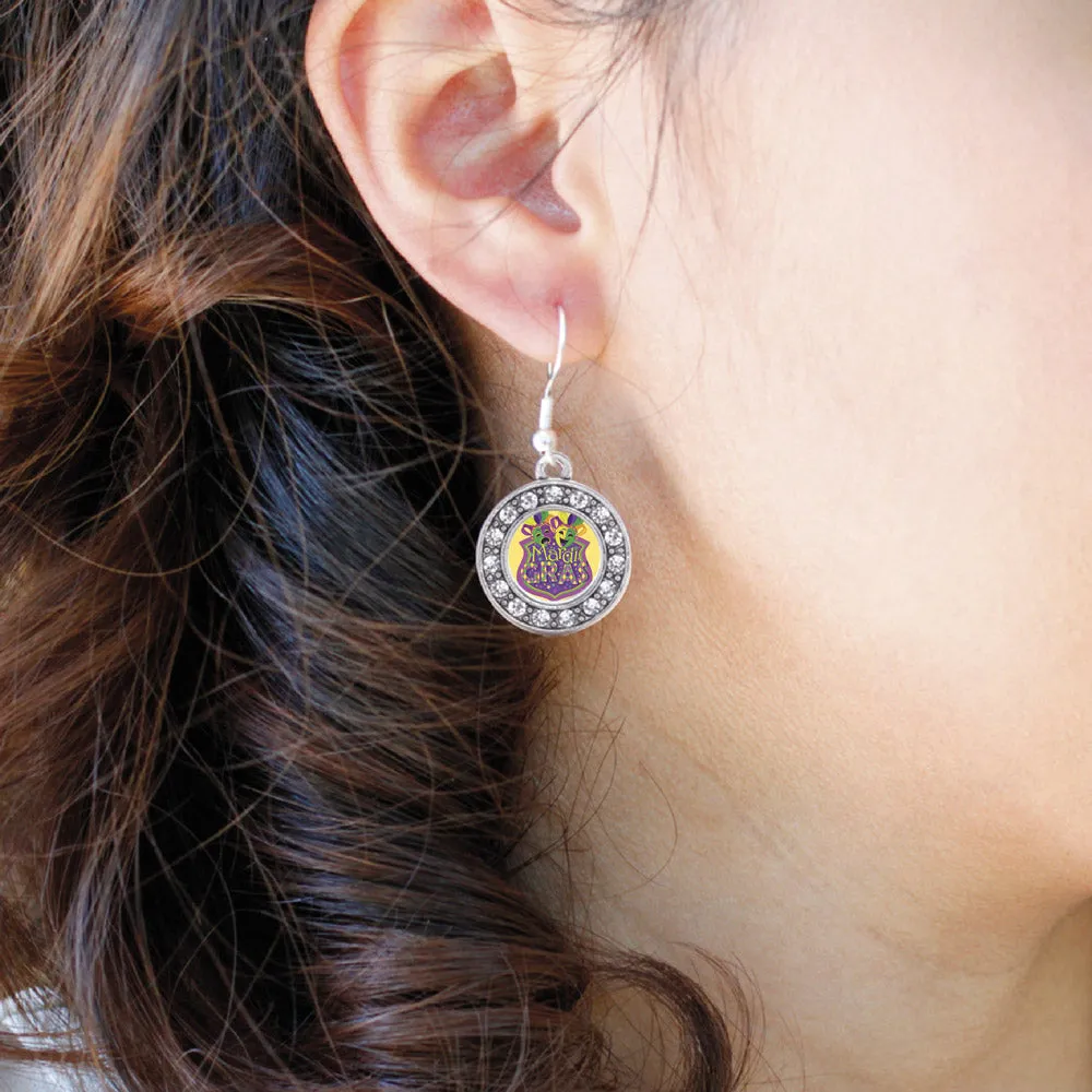 Silver Mardi Gras Masks Circle Charm Dangle Earrings